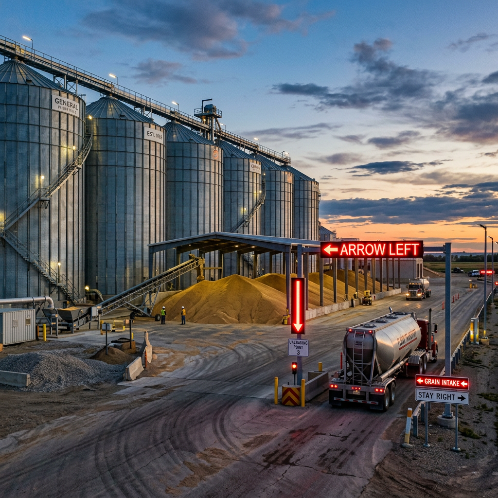 Tanker truck loading grain at large industrial grain storage silos with illuminated directional signs at dusk