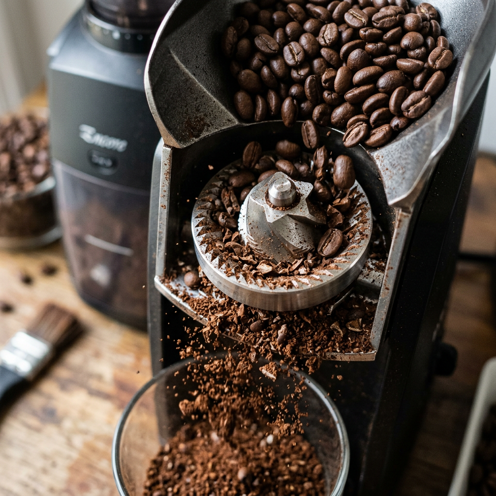 Close-up of coffee beans grinding and falling into a glass container