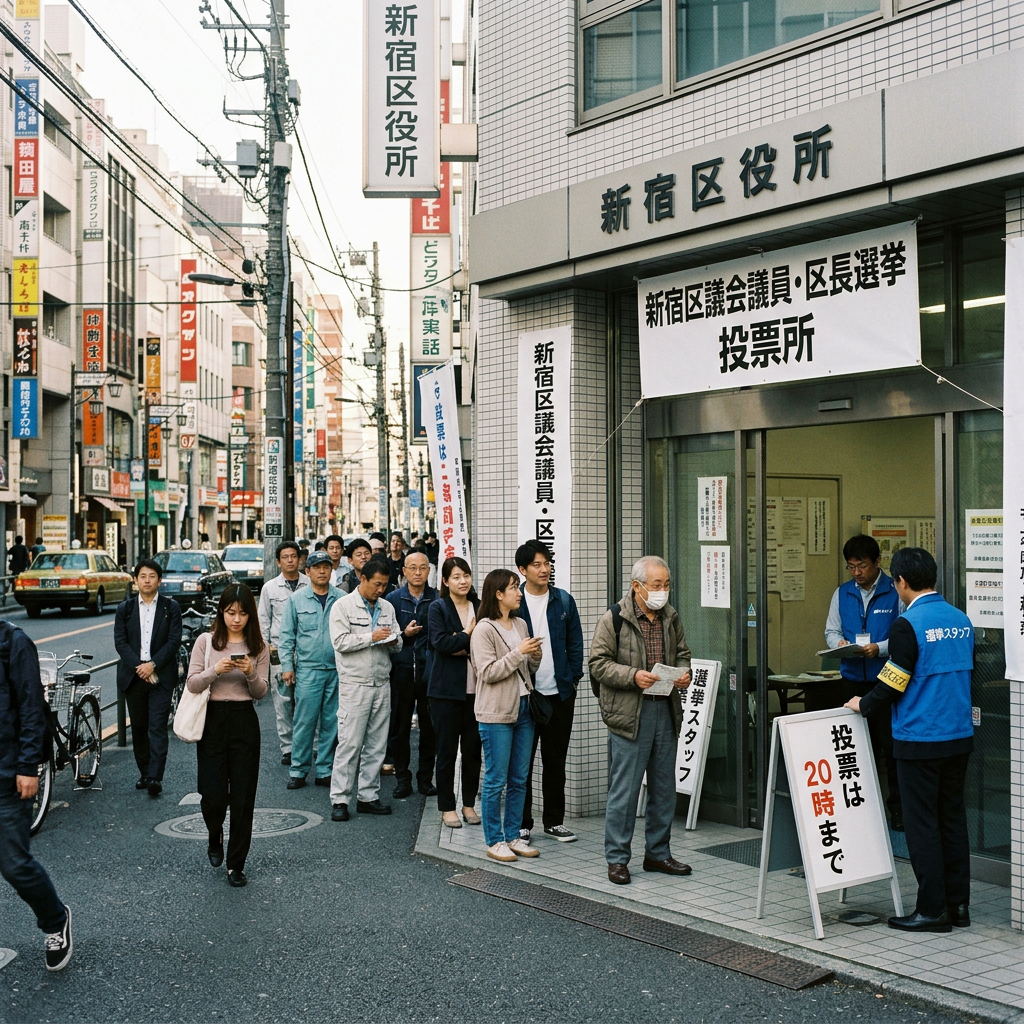 People standing in line outside a Shinjuku polling station during local elections