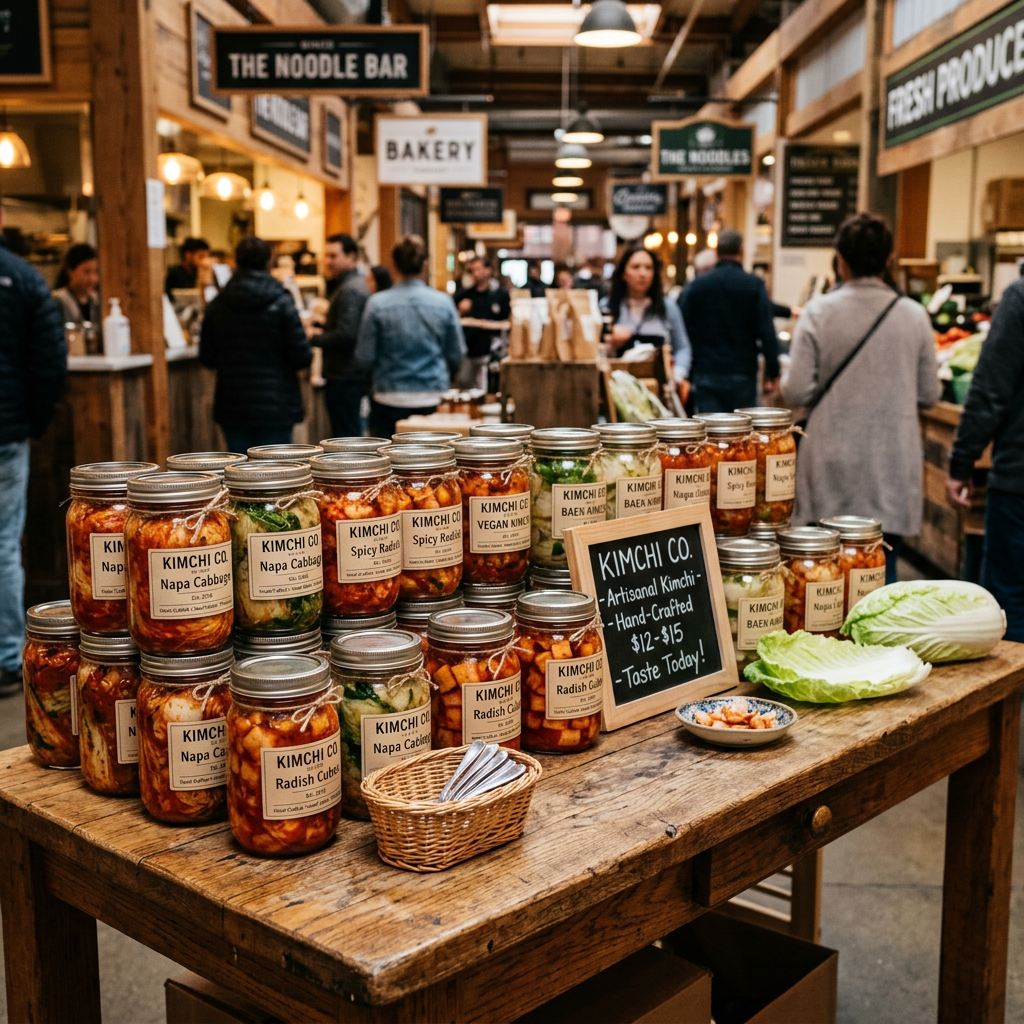 Jars of artisanal kimchi varieties displayed on a wooden table with a tasting sign in a market setting