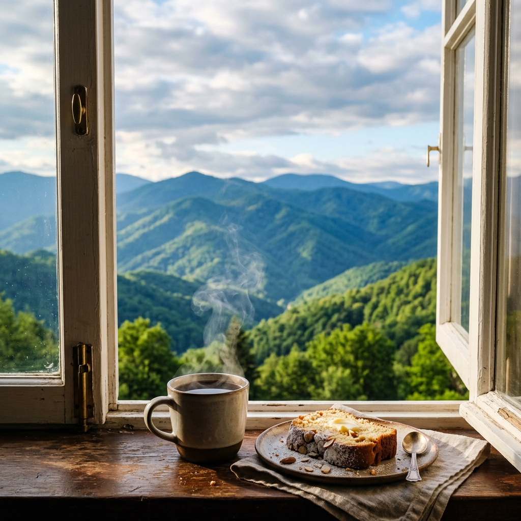 Coffee and cake on a windowsill overlooking green mountain peaks