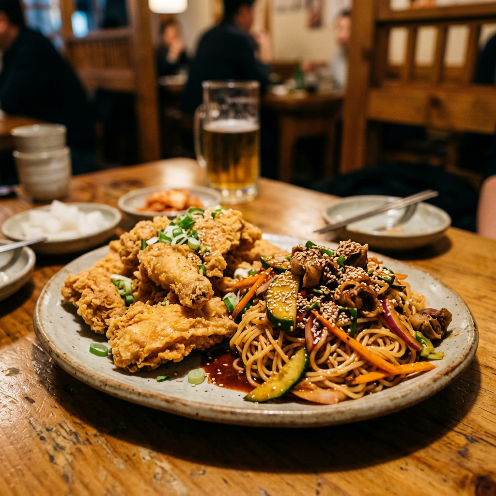 Plate of fried chicken and sesame-topped noodles with vegetables